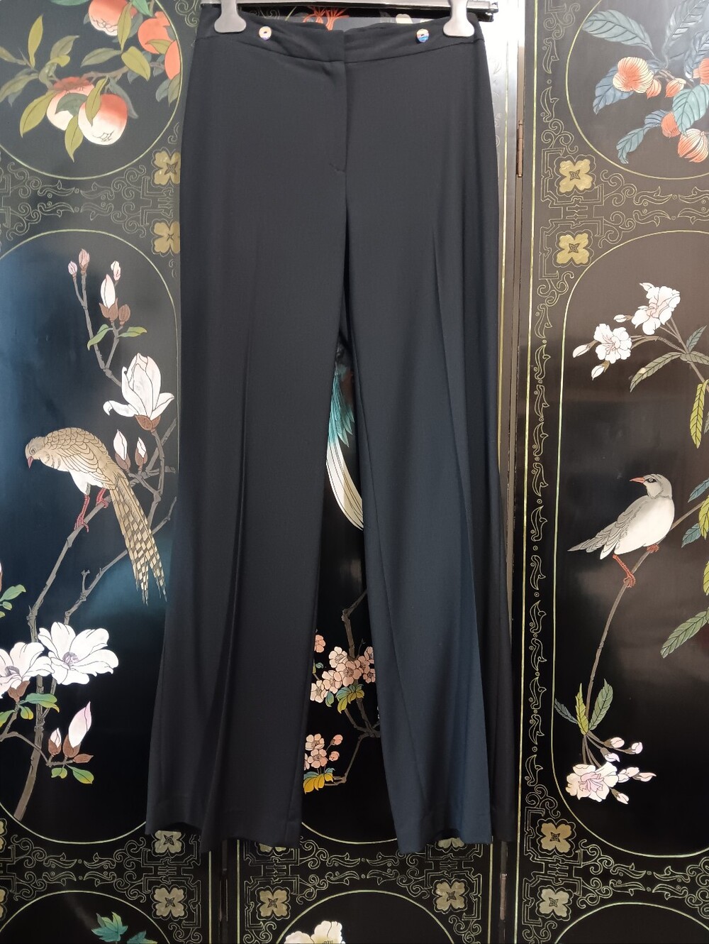 Designer Women's Black Wide-Leg Fine Wool Pants